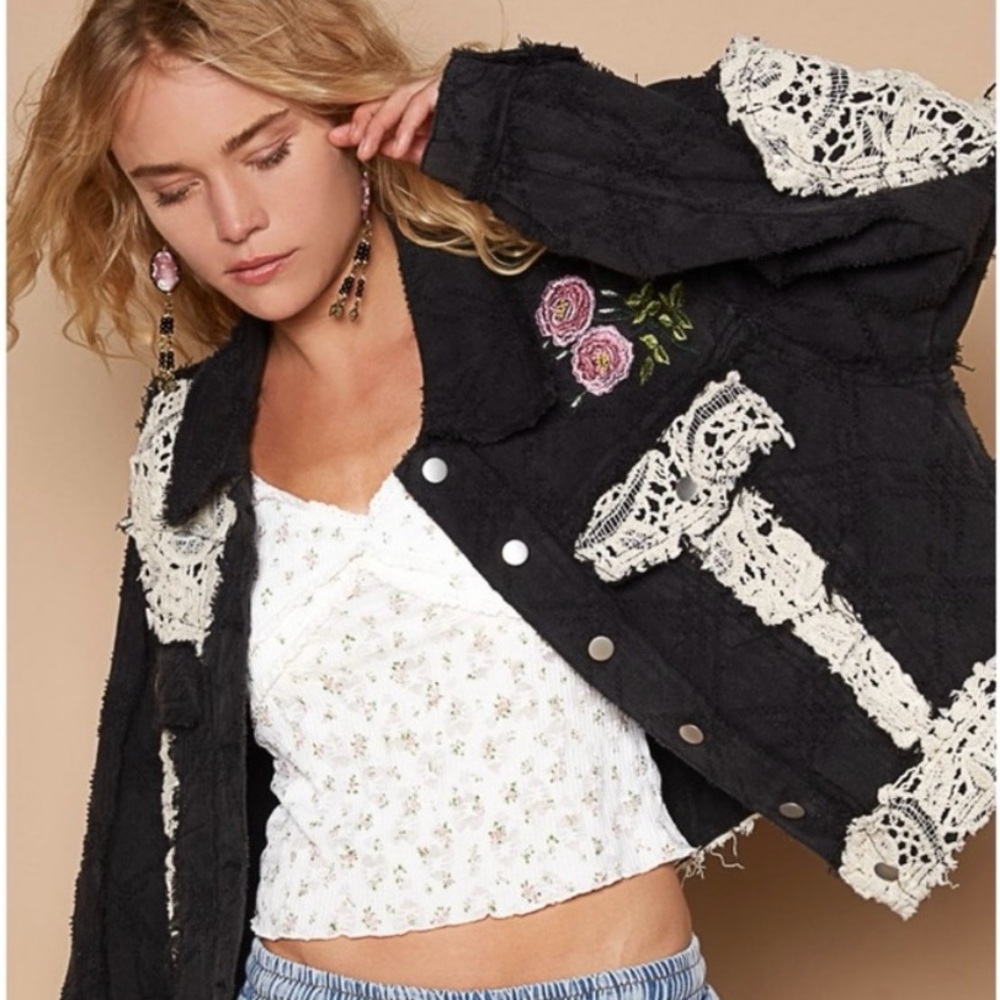 POL Black Denim Jacket | Crochet Lace Patch Floral Embroidered